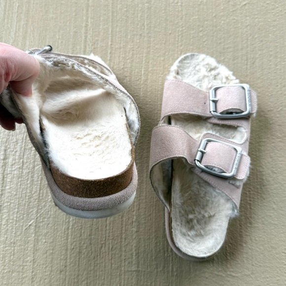 J/Slides Faux Fur Shearling Lined Suede Pink Open Toe Slides Sandals Sz 7.5 - Picture 8 of 12